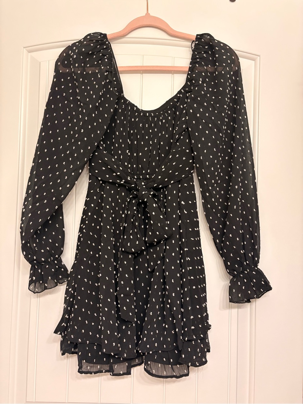 Black Long-Sleeve Polka Dot Mini Dress with Waist Tie